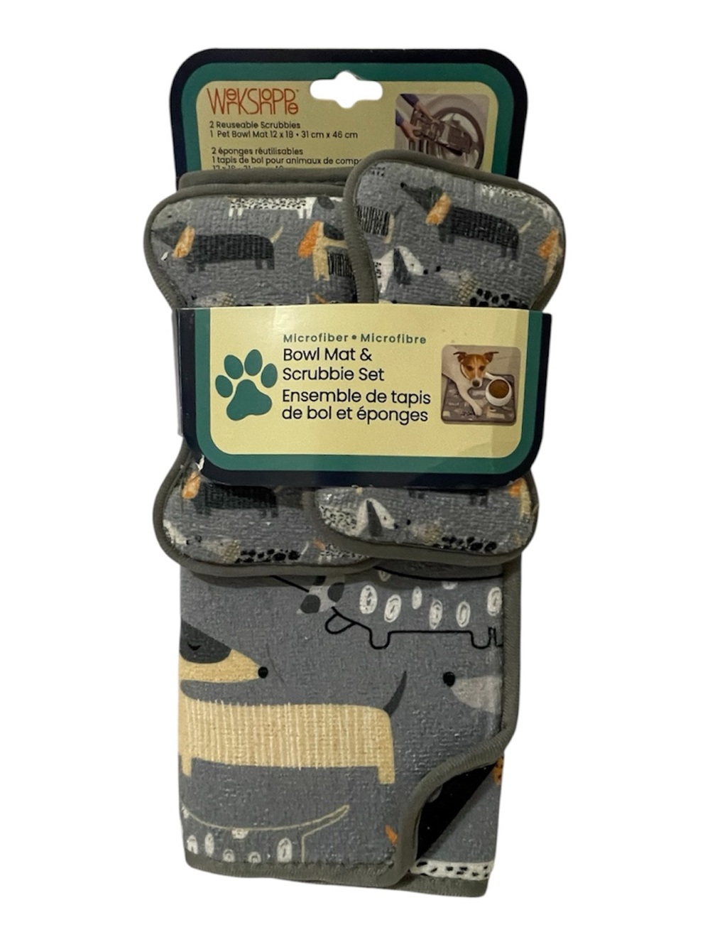 Werkshoppe Dachshund Microfiber Pet Set includes bowl mat & two scrubbies - NWT*
